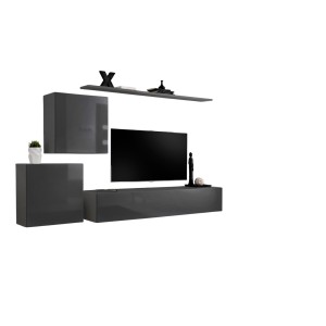 Ensemble meuble salon mural SWITCH V design, coloris gris brillant.