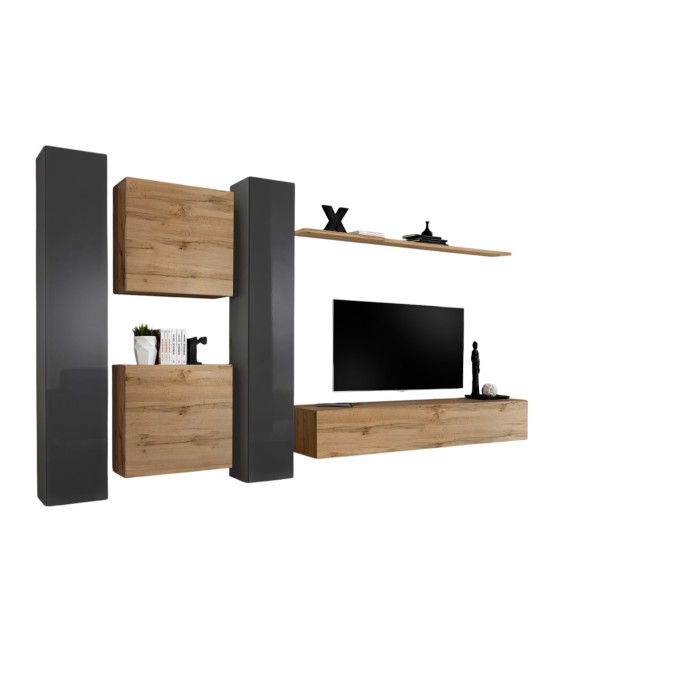 Ensemble meuble salon mural SWITCH VI design, coloris chêne Wotan et gris brillant.