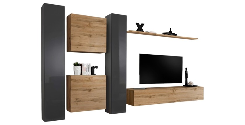 Ensemble meuble salon mural SWITCH VI design, coloris chêne Wotan et gris brillant.