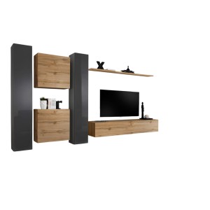 Ensemble meuble salon mural SWITCH VI design, coloris chêne Wotan et gris brillant.