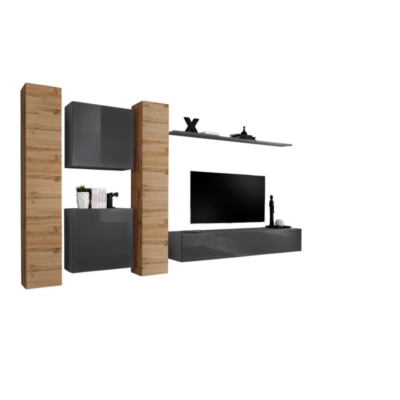 Ensemble meuble salon mural SWITCH VI design, coloris gris brillant et chêne Wotan.