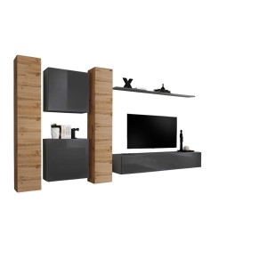 Ensemble meuble salon mural SWITCH VI design, coloris gris brillant et chêne Wotan.