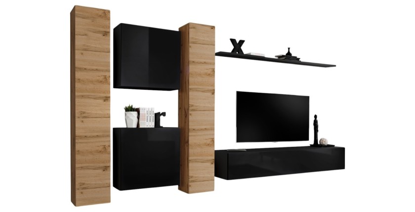 Ensemble meuble salon mural SWITCH VI design, coloris noir brillant et chêne Wotan.