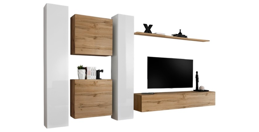 Ensemble meuble salon mural SWITCH VI design, coloris chêne Wotan et blanc brillant.