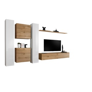 Ensemble meuble salon mural SWITCH VI design, coloris chêne Wotan et blanc brillant.