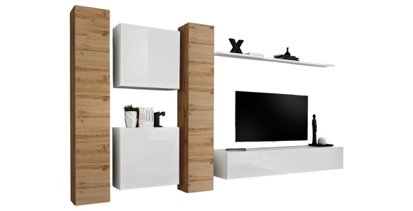 Ensemble meuble salon mural SWITCH VI design, coloris blanc brillant et chêne Wotan.