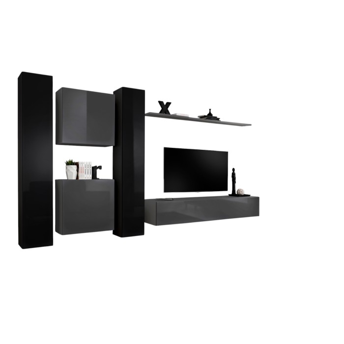Ensemble meuble salon mural SWITCH VI design, coloris gris et noir brillant.