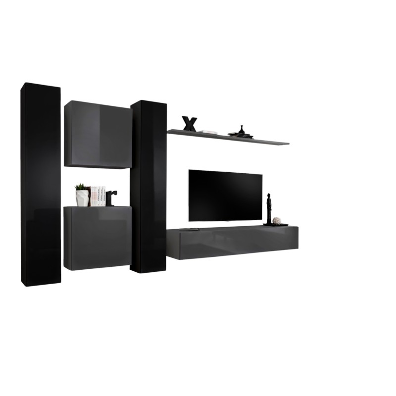 Ensemble meuble salon mural SWITCH VI design, coloris gris et noir brillant.