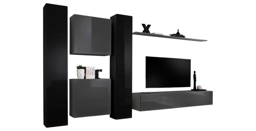 Ensemble meuble salon mural SWITCH VI design, coloris gris et noir brillant.
