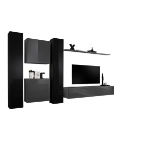 Ensemble meuble salon mural SWITCH VI design, coloris gris et noir brillant.