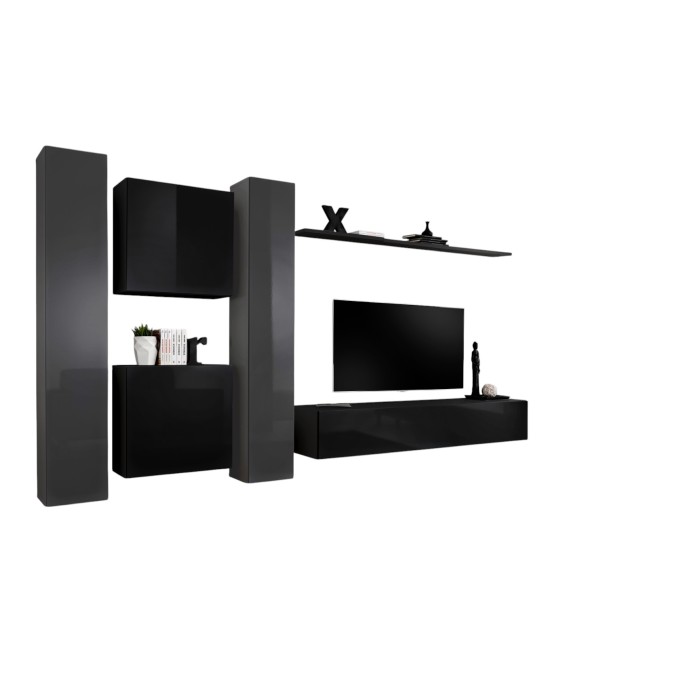 Ensemble meuble salon mural SWITCH VI design, coloris noir et gris brillant.