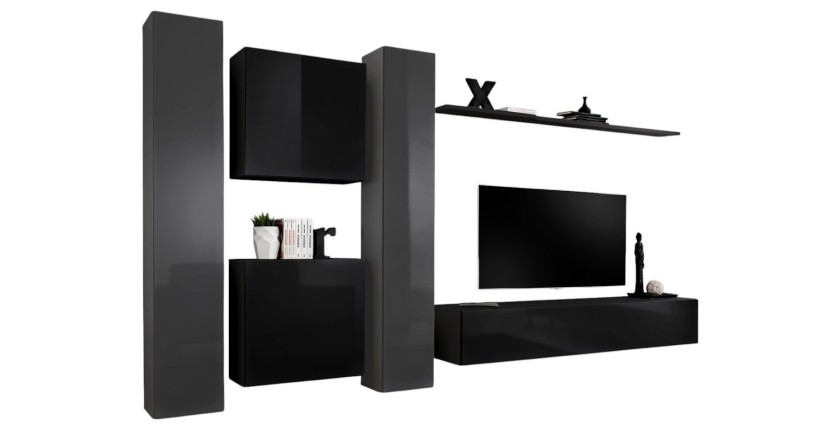 Ensemble meuble salon mural SWITCH VI design, coloris noir et gris brillant.