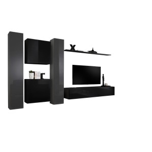 Ensemble meuble salon mural SWITCH VI design, coloris noir et gris brillant.