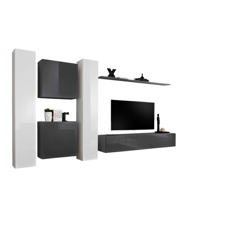 Ensemble meuble salon mural SWITCH VI design, coloris blanc et gris brillant.