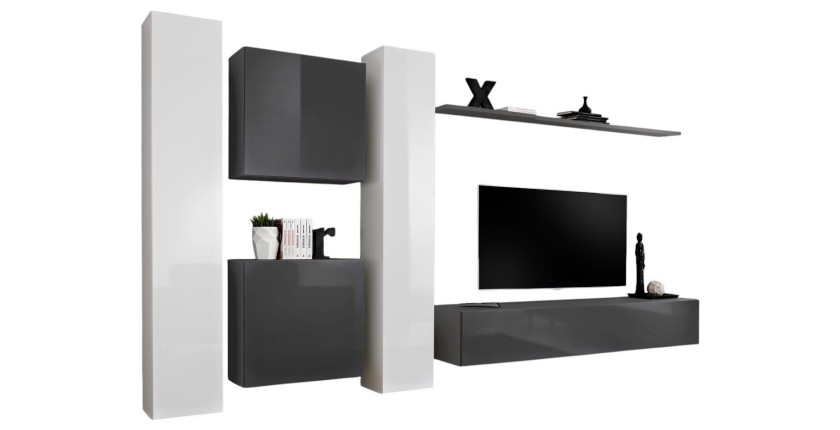 Ensemble meuble salon mural SWITCH VI design, coloris blanc et gris brillant.