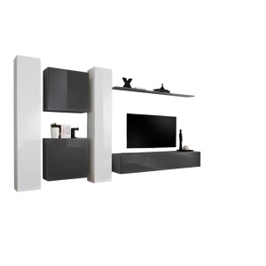 Ensemble meuble salon mural SWITCH VI design, coloris blanc et gris brillant.