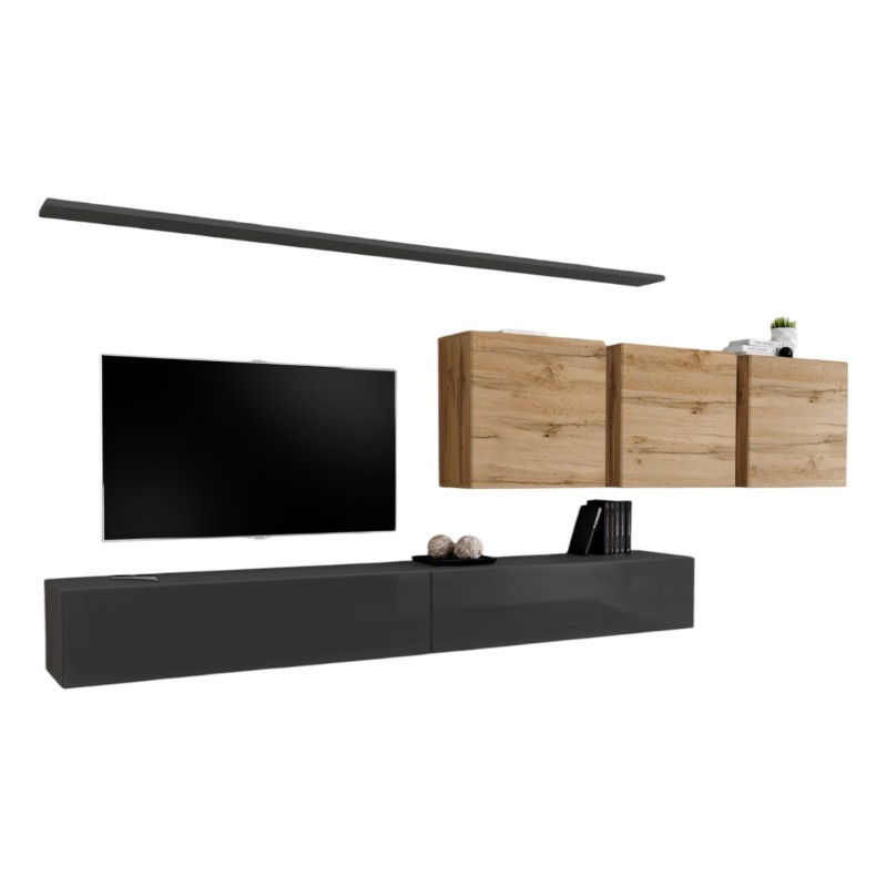 Ensemble meuble salon mural SWITCH VII design, coloris gris brillant et chêne Wotan.