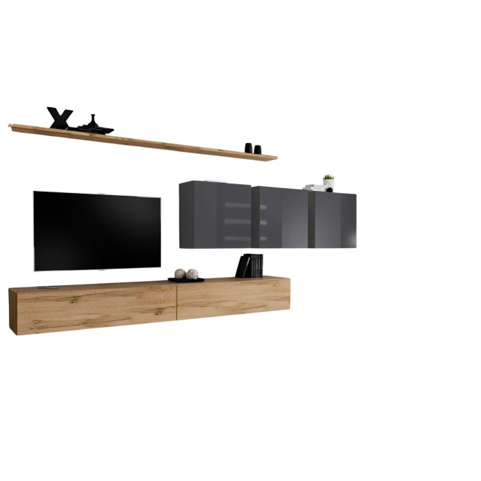 Ensemble meuble salon SWITCH VII design, coloris chêne Wotan et gris brillant.