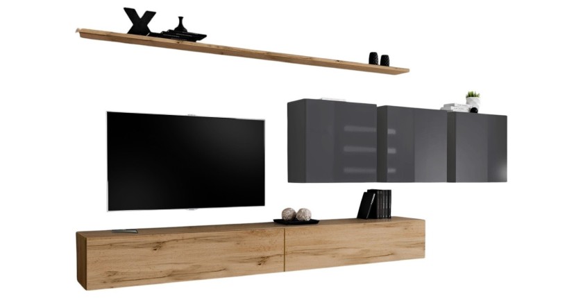 Ensemble meuble salon SWITCH VII design, coloris chêne Wotan et gris brillant.