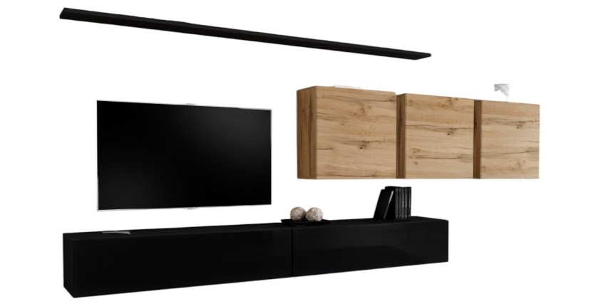 Ensemble meuble salon SWITCH VII design, coloris noir brillant et chêne Wotan.