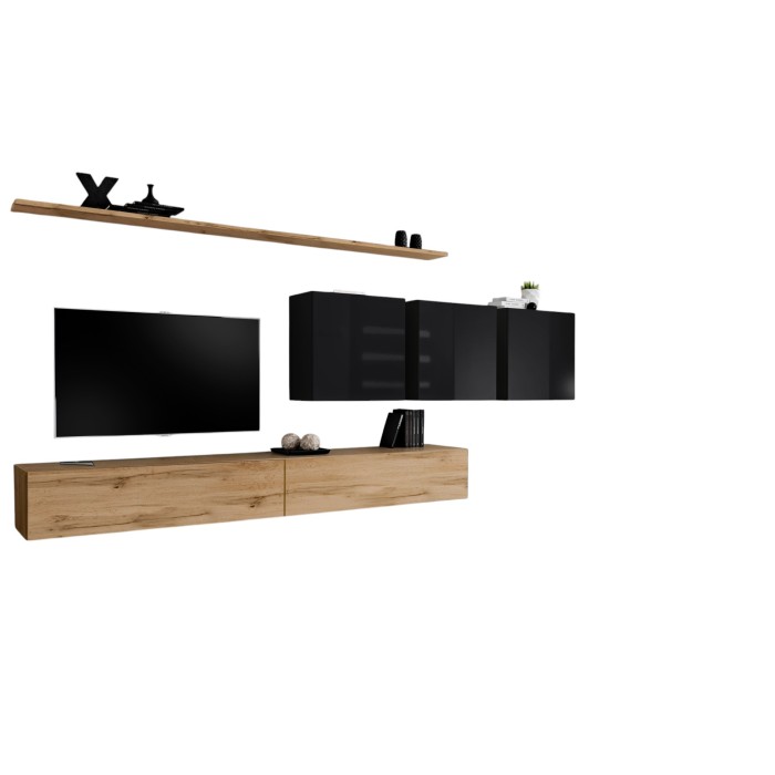 Ensemble meuble salon SWITCH VII design, coloris chêne Wotan et noir brillant.