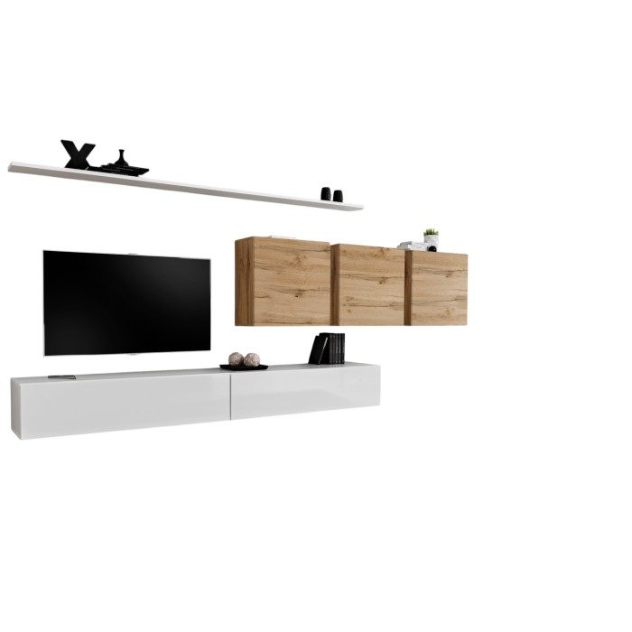 Ensemble meuble salon SWITCH VII design, coloris blanc brillant et chêne Wotan.