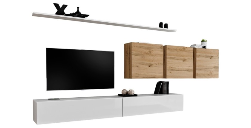 Ensemble meuble salon SWITCH VII design, coloris blanc brillant et chêne Wotan.