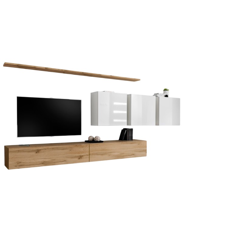 Ensemble meuble salon SWITCH VII design, coloris chêne Wotan et blanc brillant.