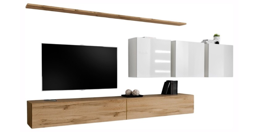 Ensemble meuble salon SWITCH VII design, coloris chêne Wotan et blanc brillant.