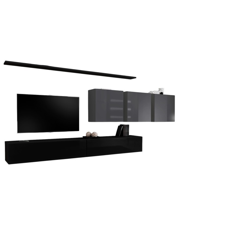 Ensemble meuble salon SWITCH VII design, coloris noir et gris brillant.