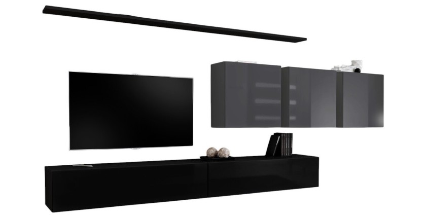 Ensemble meuble salon SWITCH VII design, coloris noir et gris brillant.