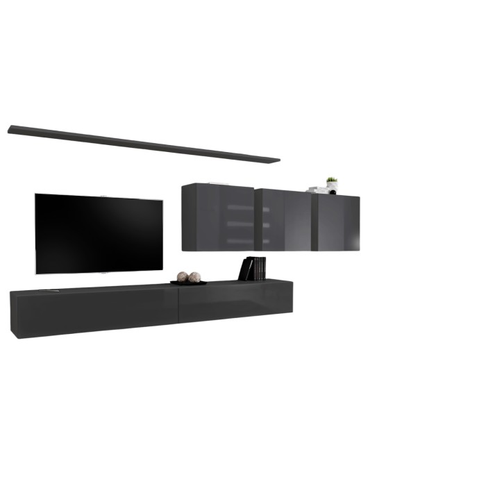 Ensemble meuble salon mural SWITCH VII design, coloris gris brillant.