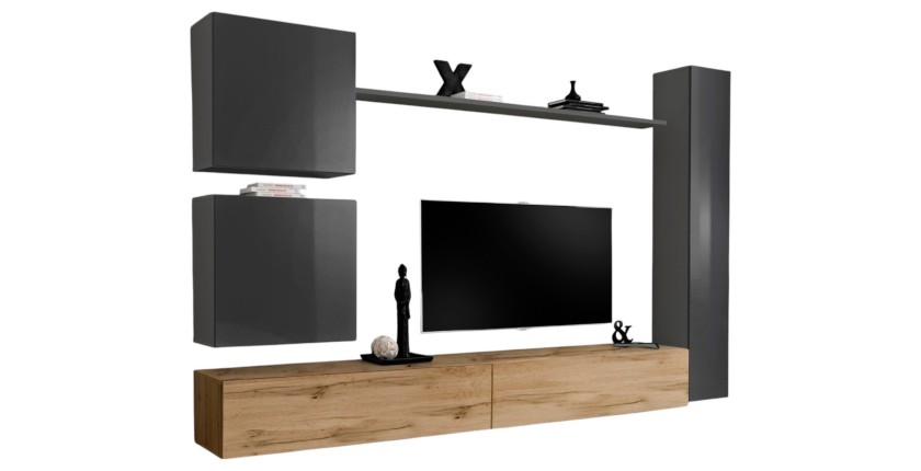 Ensemble de  meuble pour votre salon SWITCH VIII.Meuble TV mural design, coloris chêne Wotan et gris brillant.