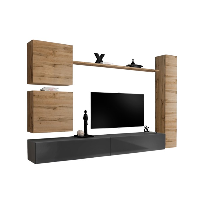 Ensemble de meuble de salon, SWITCH VIII.Meuble TV mural design, coloris gris brillant et chêne Wotan.