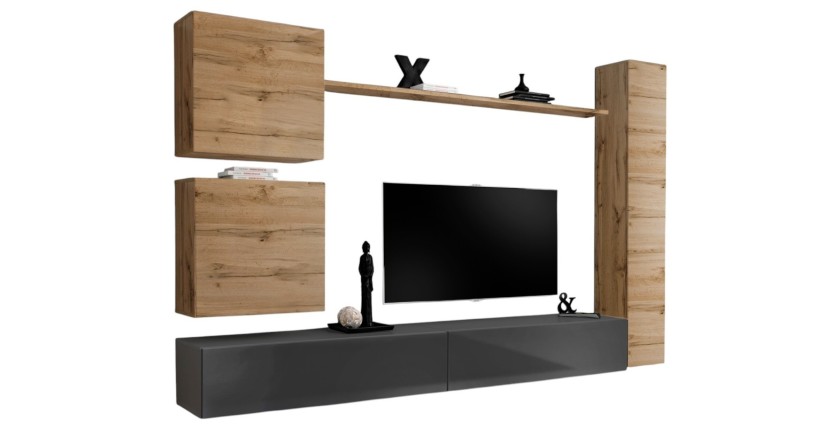 Ensemble de meuble de salon, SWITCH VIII.Meuble TV mural design, coloris gris brillant et chêne Wotan.