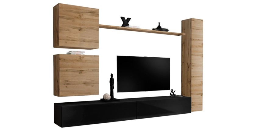 Ensemble meuble salon mural SWITCH VIII.Meuble TV mural design, coloris noir brillant et chêne Wotan.