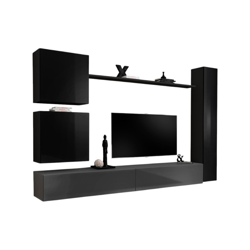 Ensemble meuble salon mural SWITCH VIII design, coloris gris et noir brillant.