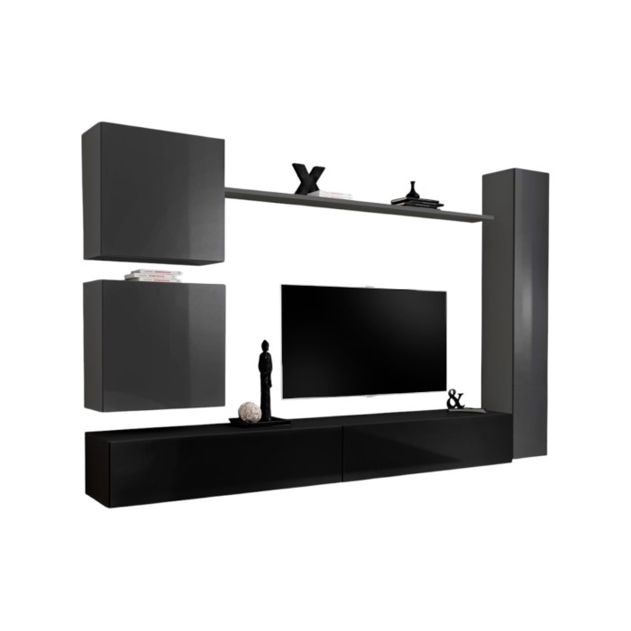 Ensemble de meuble pour salon mural SWITCH VIII. Meuble TV mural design, coloris noir et gris brillant.
