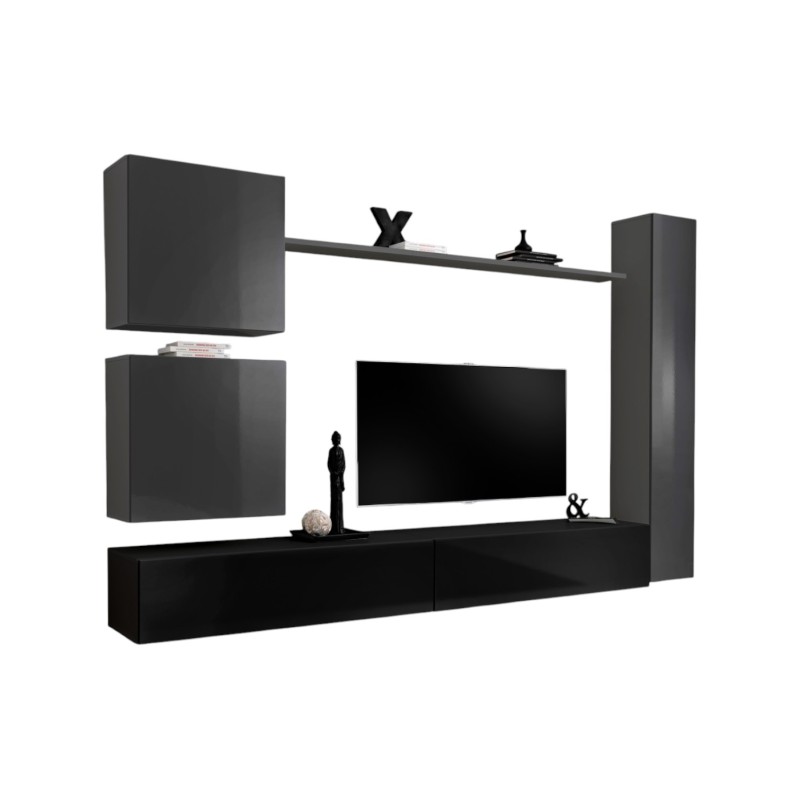 Ensemble de meuble pour salon mural SWITCH VIII. Meuble TV mural design, coloris noir et gris brillant.