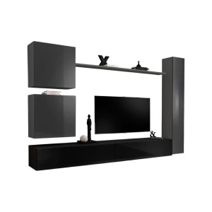 Ensemble de meuble pour salon mural SWITCH VIII. Meuble TV mural design, coloris noir et gris brillant.