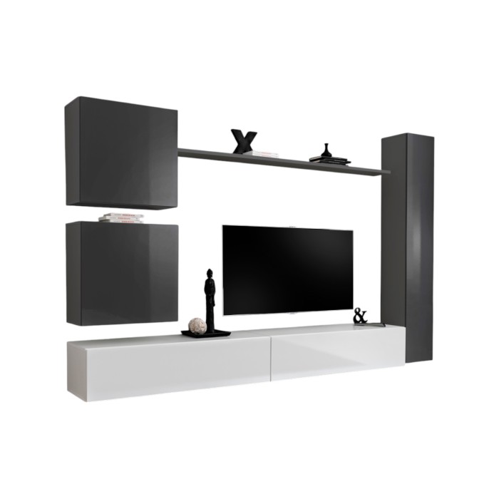 Ensemble de meuble pour salon mural SWITCH VIII. Meuble TV mural design, coloris blanc et gris brillant.