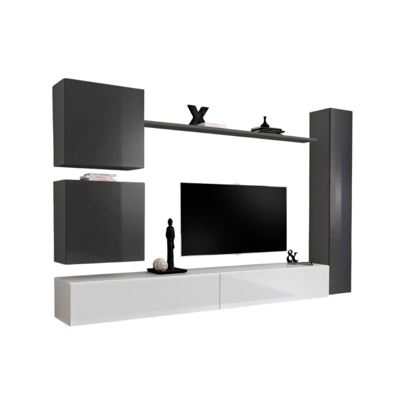 Ensemble de meuble pour salon mural SWITCH VIII. Meuble TV mural design, coloris blanc et gris brillant.