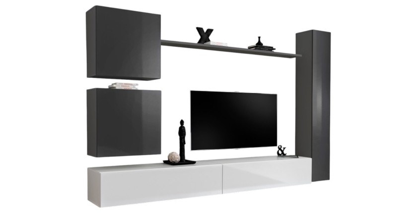 Ensemble de meuble pour salon mural SWITCH VIII. Meuble TV mural design, coloris blanc et gris brillant.