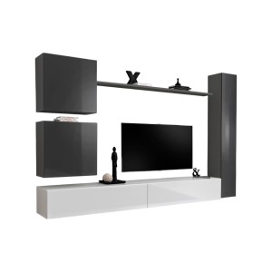Ensemble de meuble pour salon mural SWITCH VIII. Meuble TV mural design, coloris blanc et gris brillant.