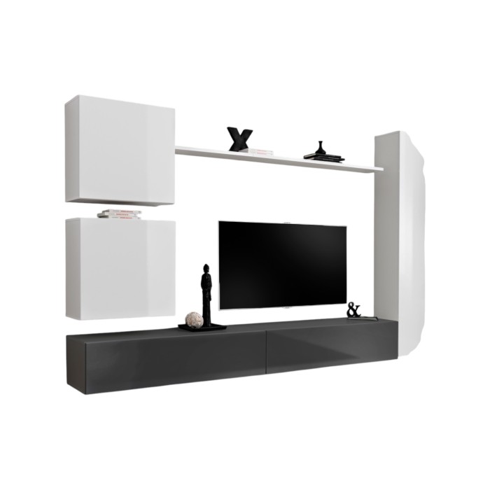 Ensemble meuble salon mural SWITCH VIII. Meuble TV mural design, coloris blanc et gris brillant.