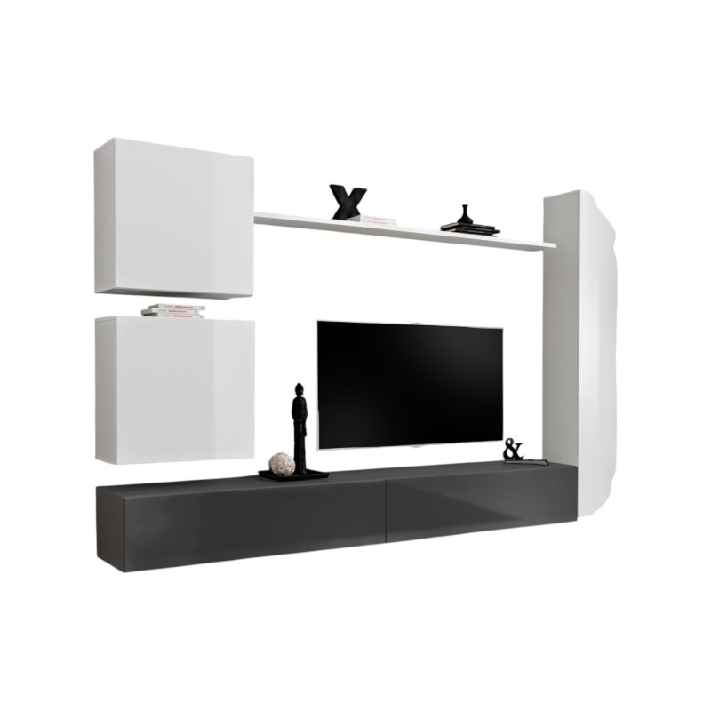 Ensemble meuble salon mural SWITCH VIII. Meuble TV mural design, coloris blanc et gris brillant.