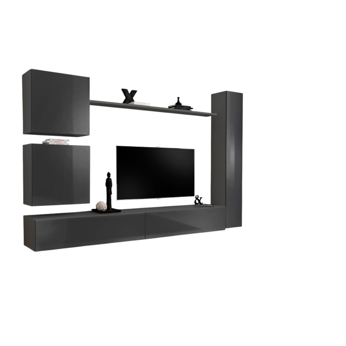 Ensemble meuble salon mural SWITCH VIII. Meuble TV mural design, coloris gris brillant.