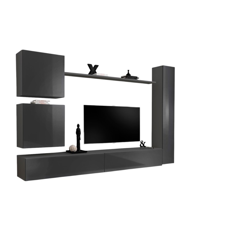 Ensemble meuble salon mural SWITCH VIII. Meuble TV mural design, coloris gris brillant.