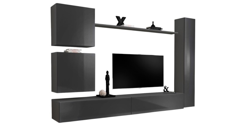 Ensemble meuble salon mural SWITCH VIII. Meuble TV mural design, coloris gris brillant.
