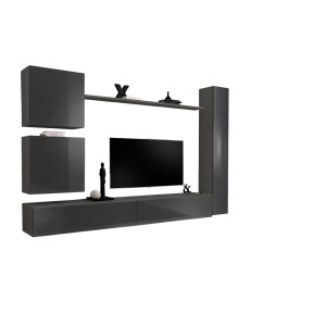Ensemble meuble salon mural SWITCH VIII. Meuble TV mural design, coloris gris brillant.